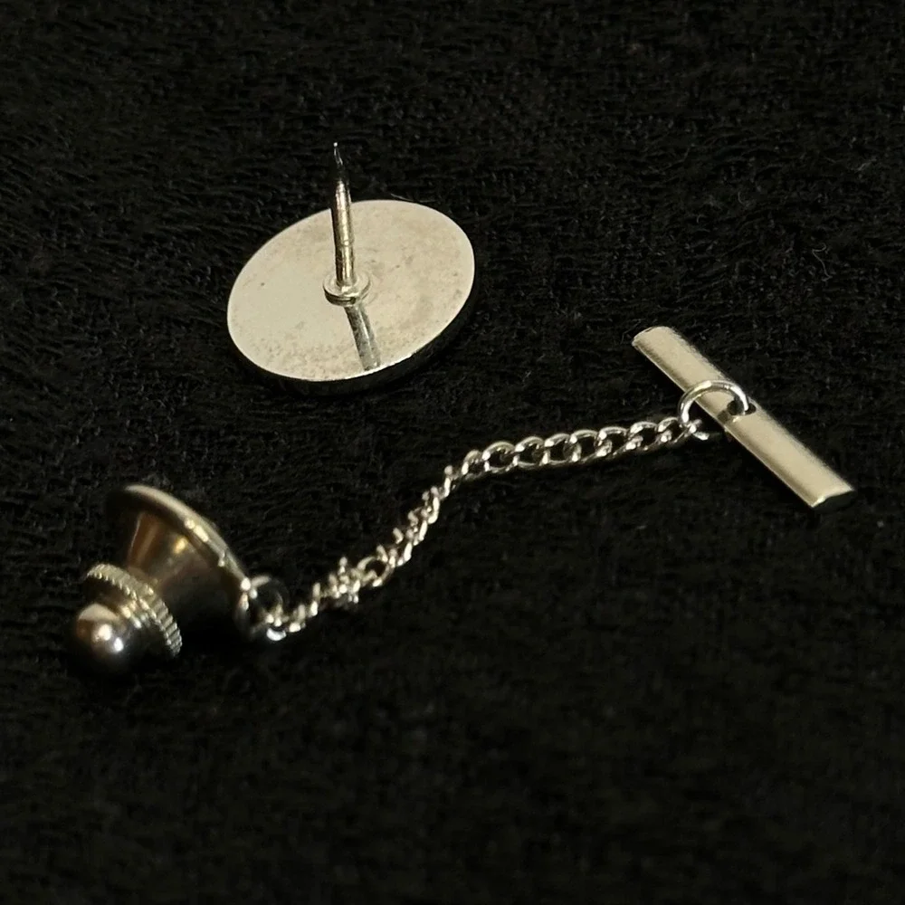 Vintage Starburst Oval‎ Bar Chain Tie Tack Mens Silver Tone Black